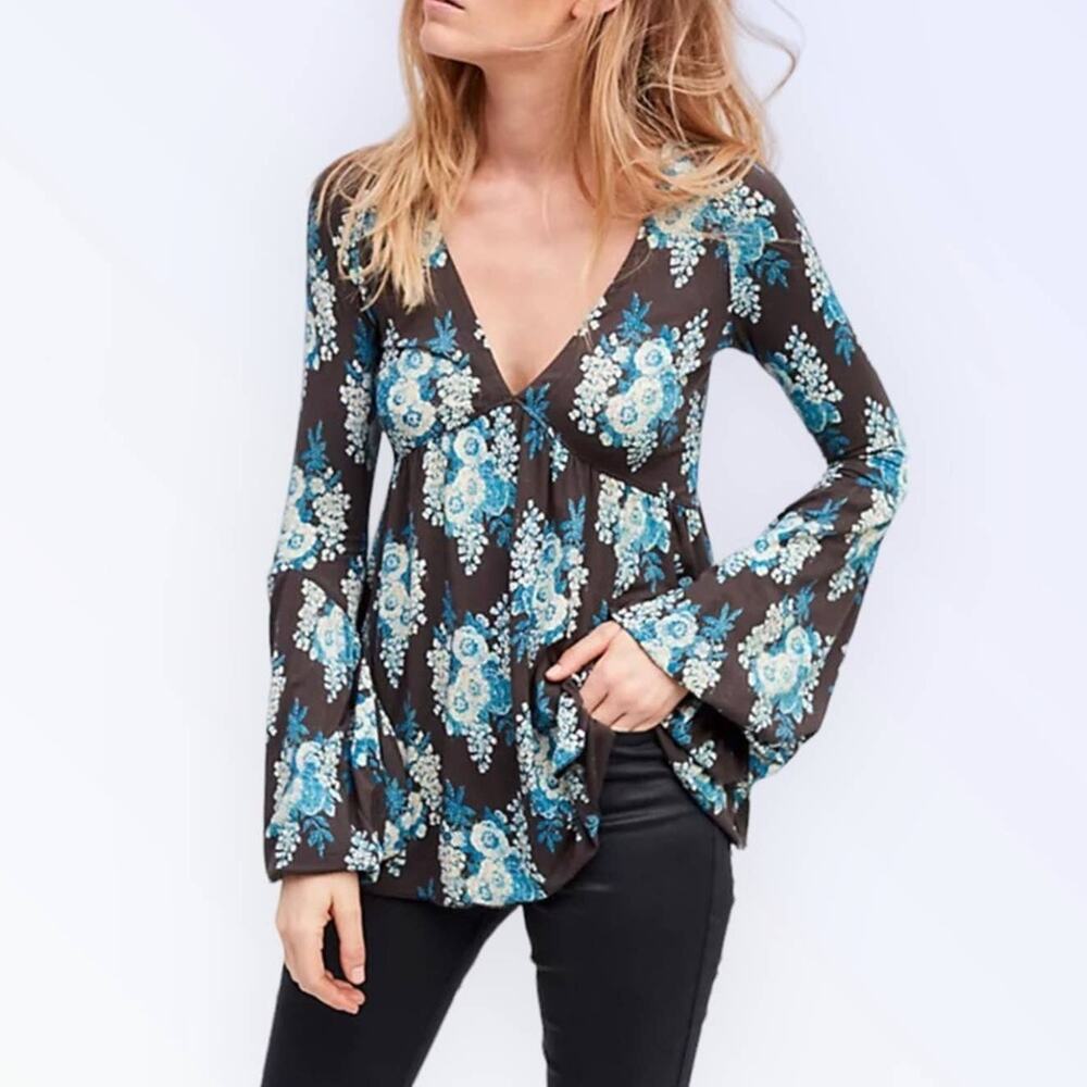 Free People Floral Boho Blouse Blue & Brown V-neck Baby Doll Top